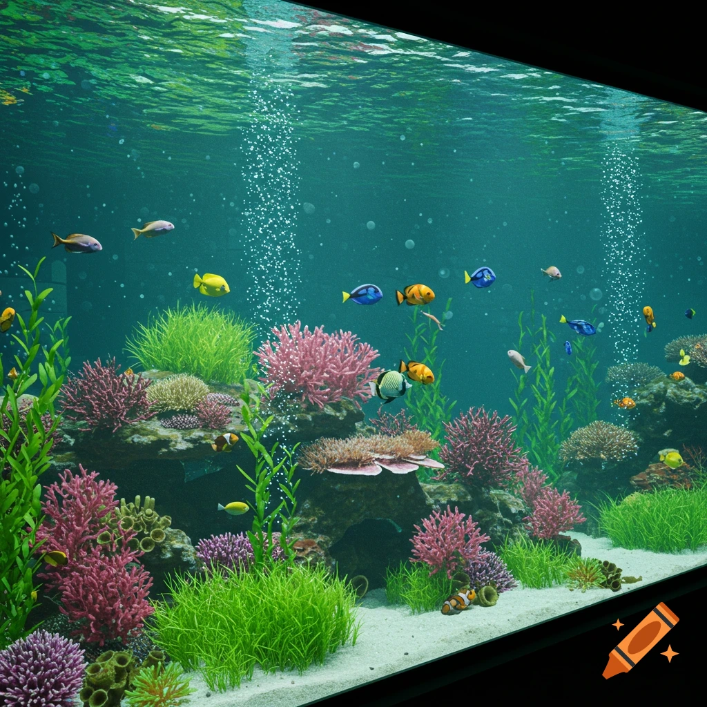A vibrant, photorealistic aquarium filled with colorful fish, corals, and aquatic plants.