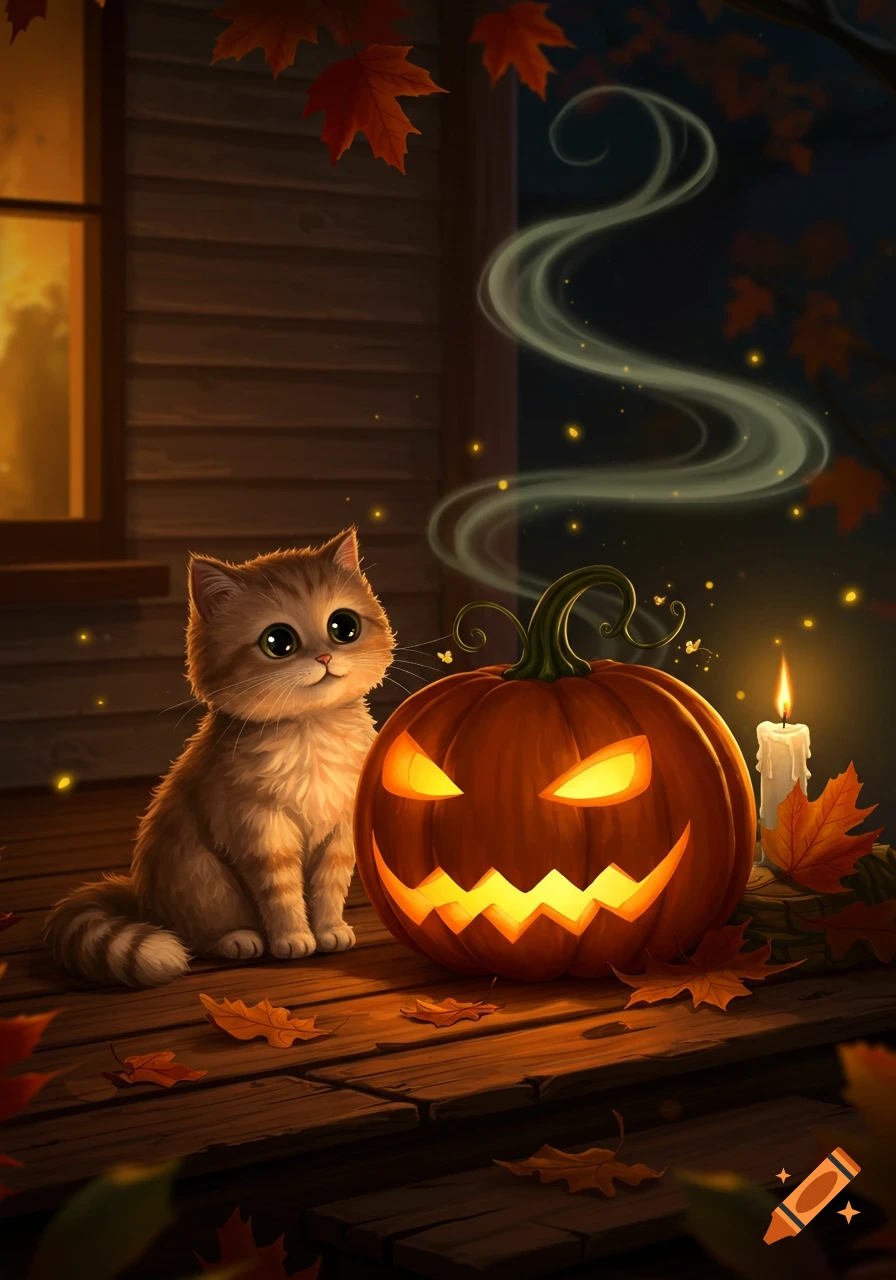 A cute, fluffy cat sits on a wooden porch next to a glowing jack-o'-lantern, surrounded by autumn leaves and candlelight.