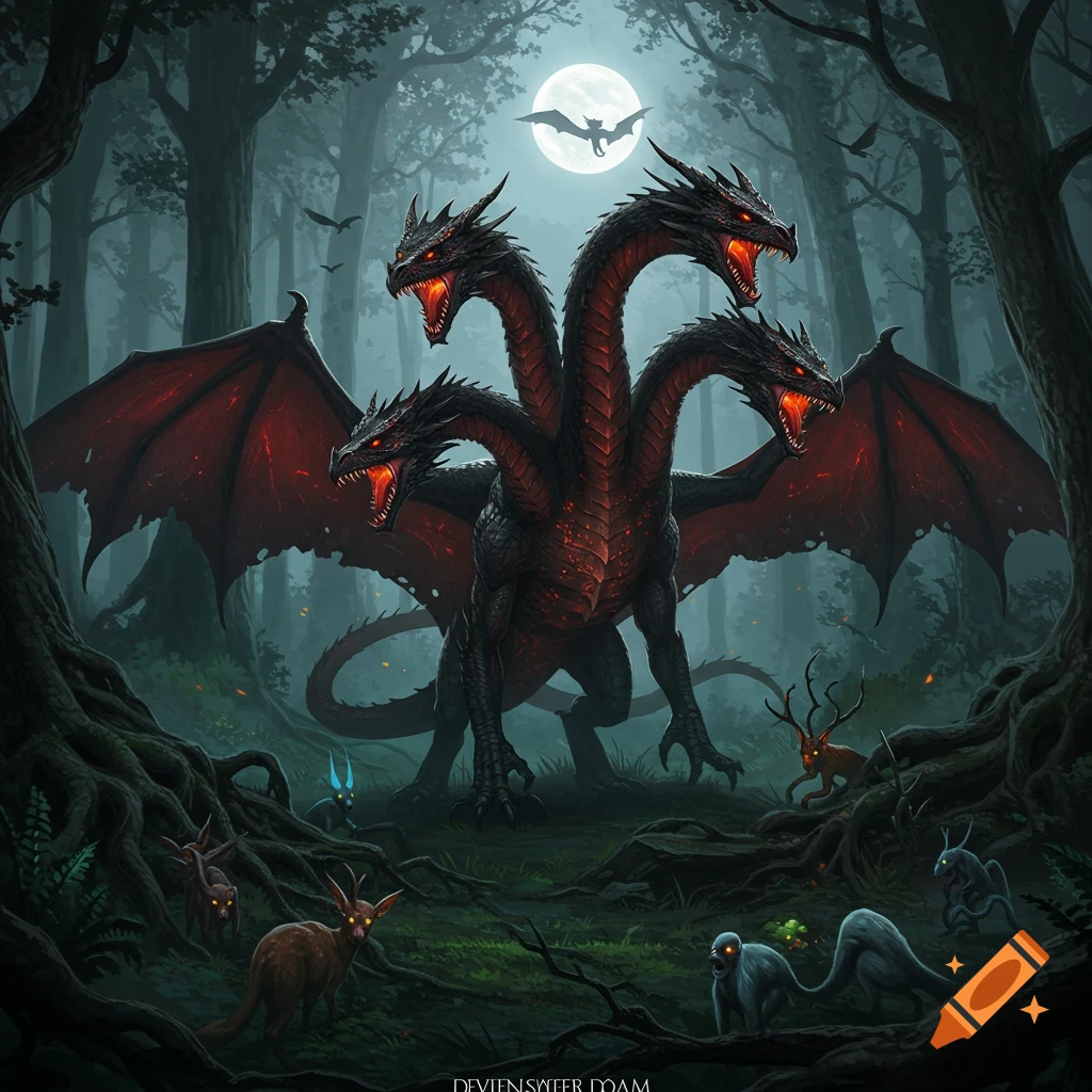 A menacing four-headed black and red dragon with glowing eyes and wings stands in a dark, moonlit forest with small creatures. Dark fantasy art.
