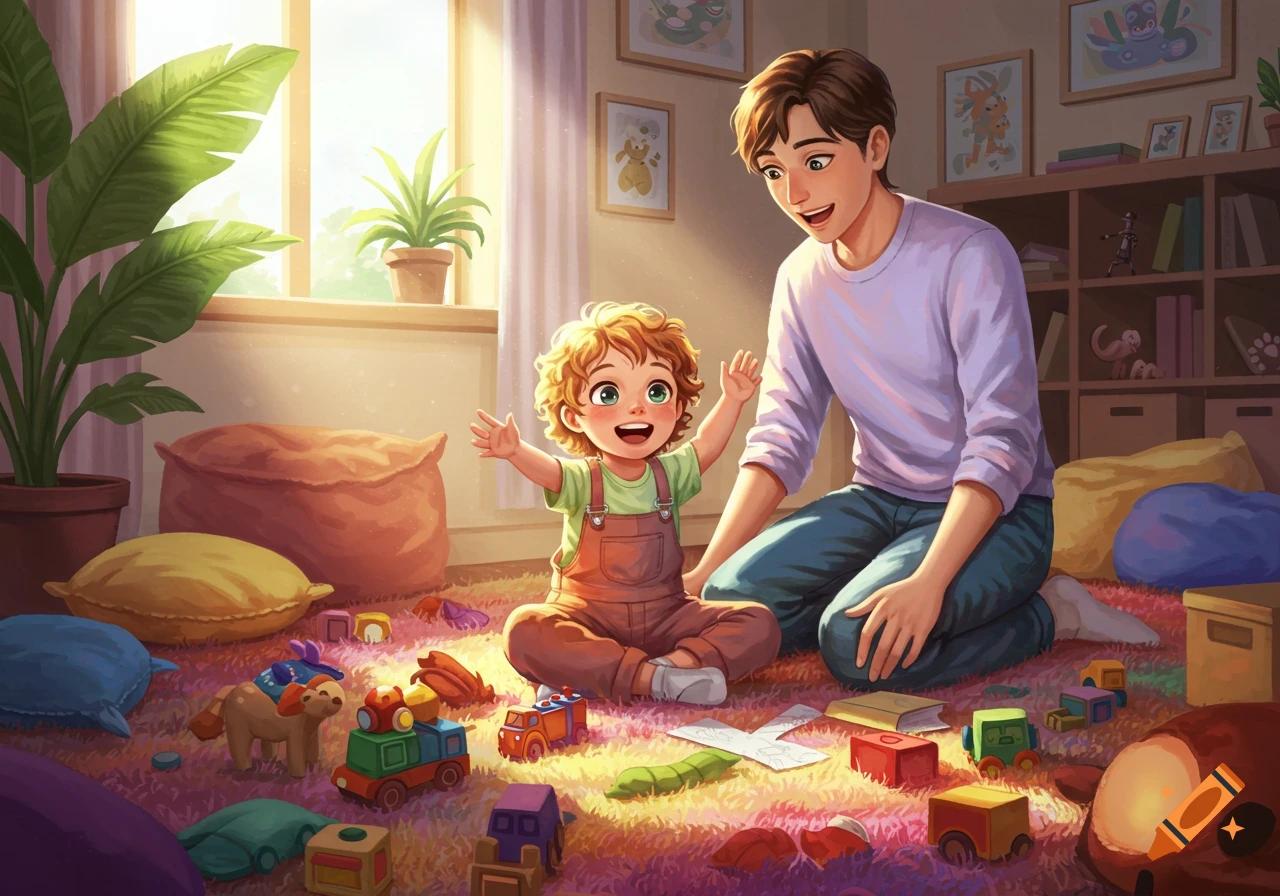 A man and a smiling toddler play on a colorful rug surrounded by toys in a bright, illustrated room.