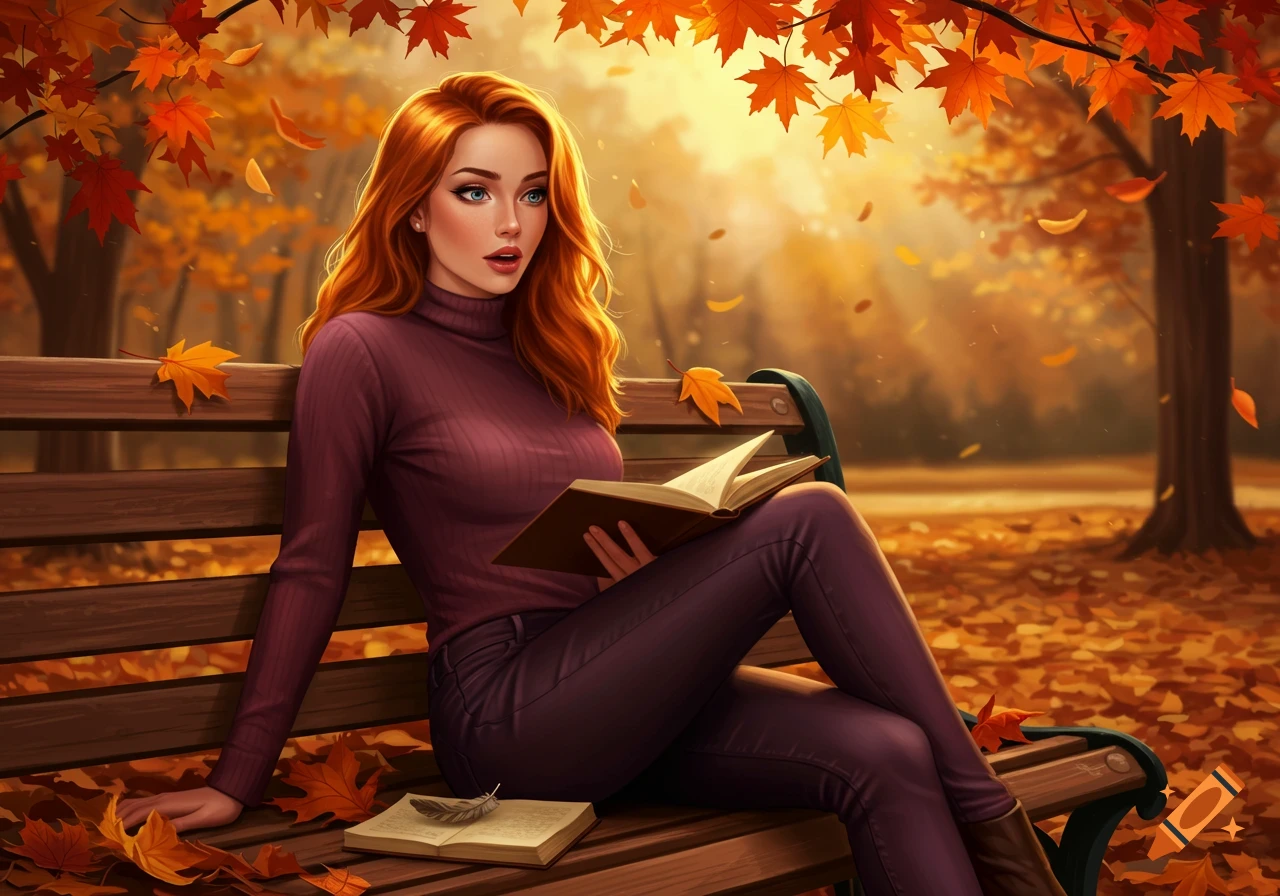 A red-haired woman in a purple outfit sits on a park bench, reading a book amidst falling autumn leaves.