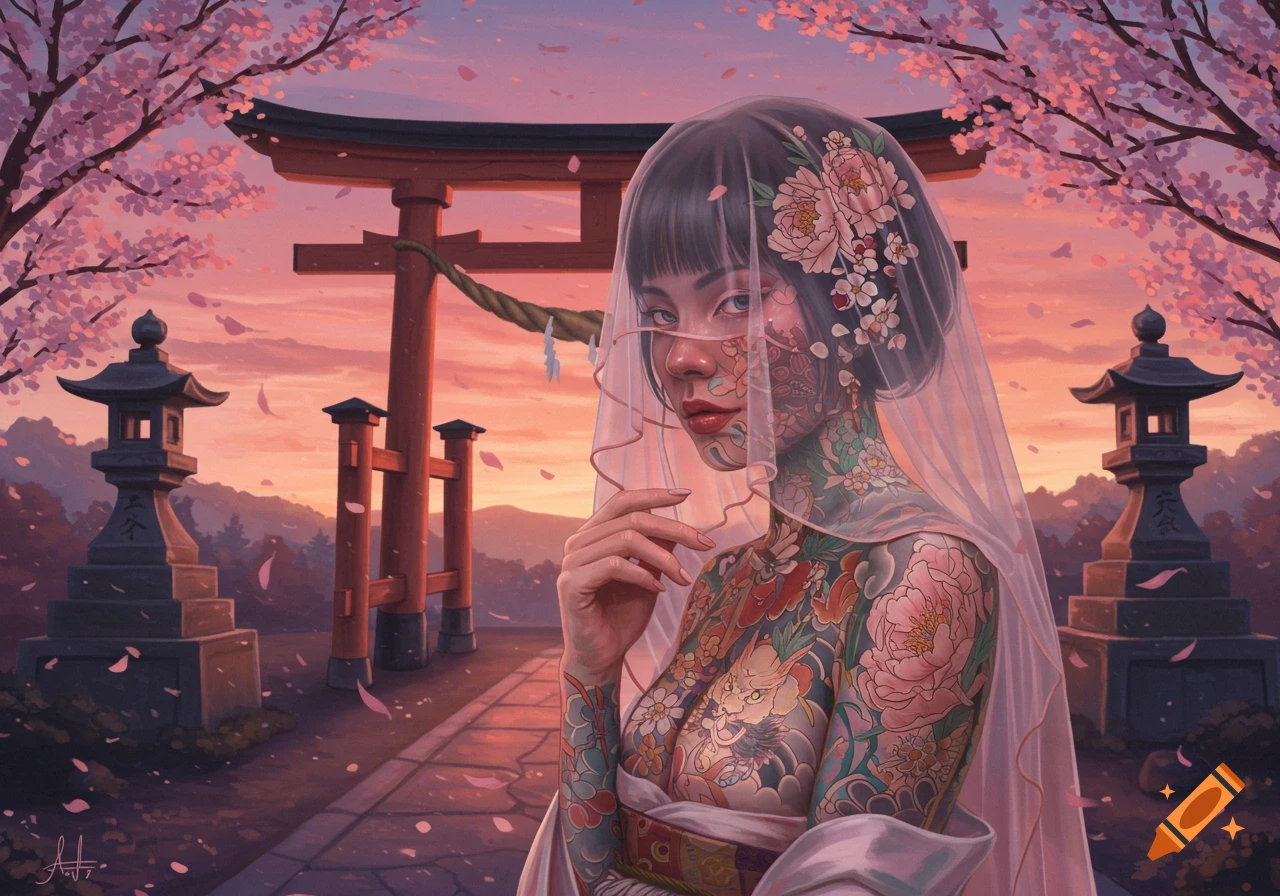 Illustrative portrait of a tattooed woman in a veil before a Japanese torii gate and cherry blossoms at sunset.