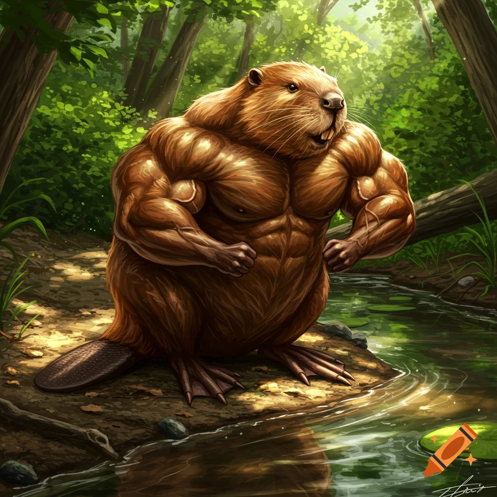 A highly muscular, anthropomorphic beaver stands proudly by a stream in a sunlit forest, digital illustration.