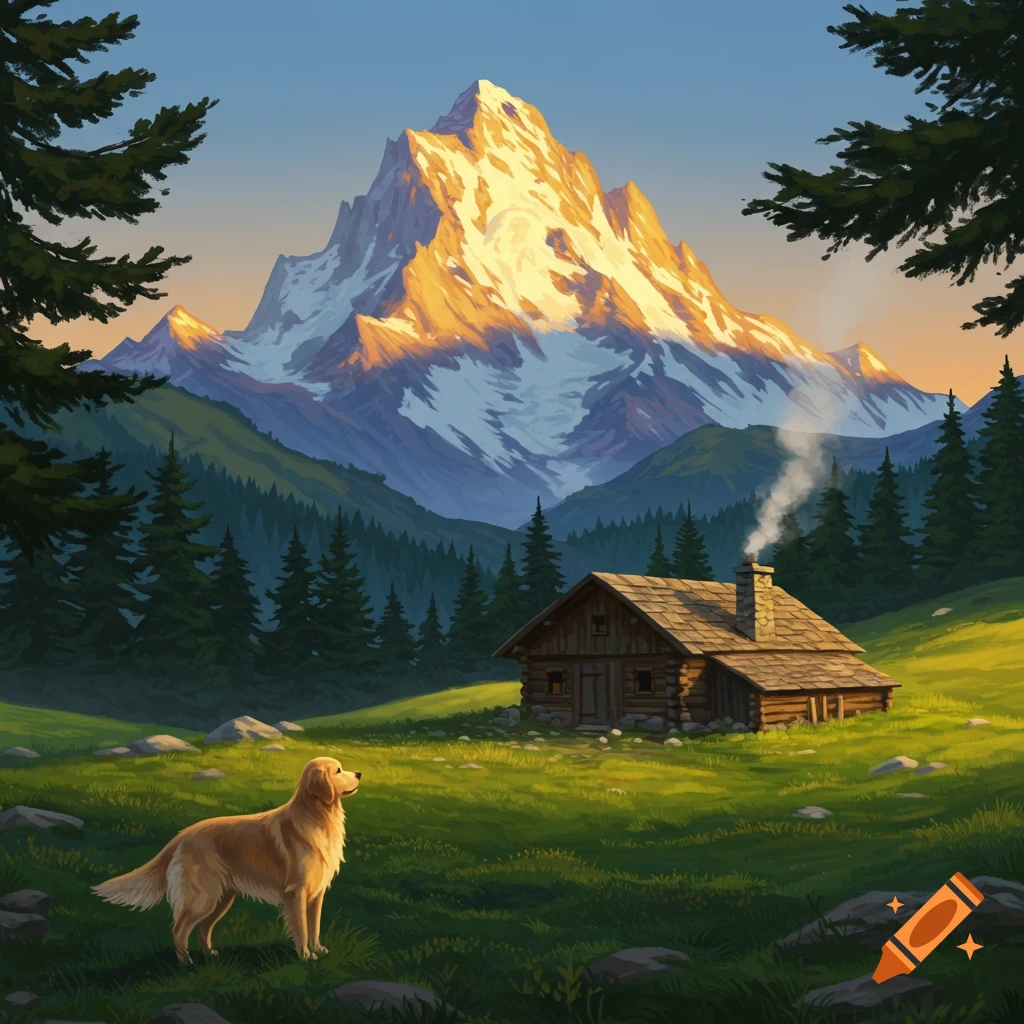 A golden retriever stands in a grassy field before a rustic wooden cabin, pine trees, and a majestic, sunlit, snow-capped mountain, in an illustrative style.