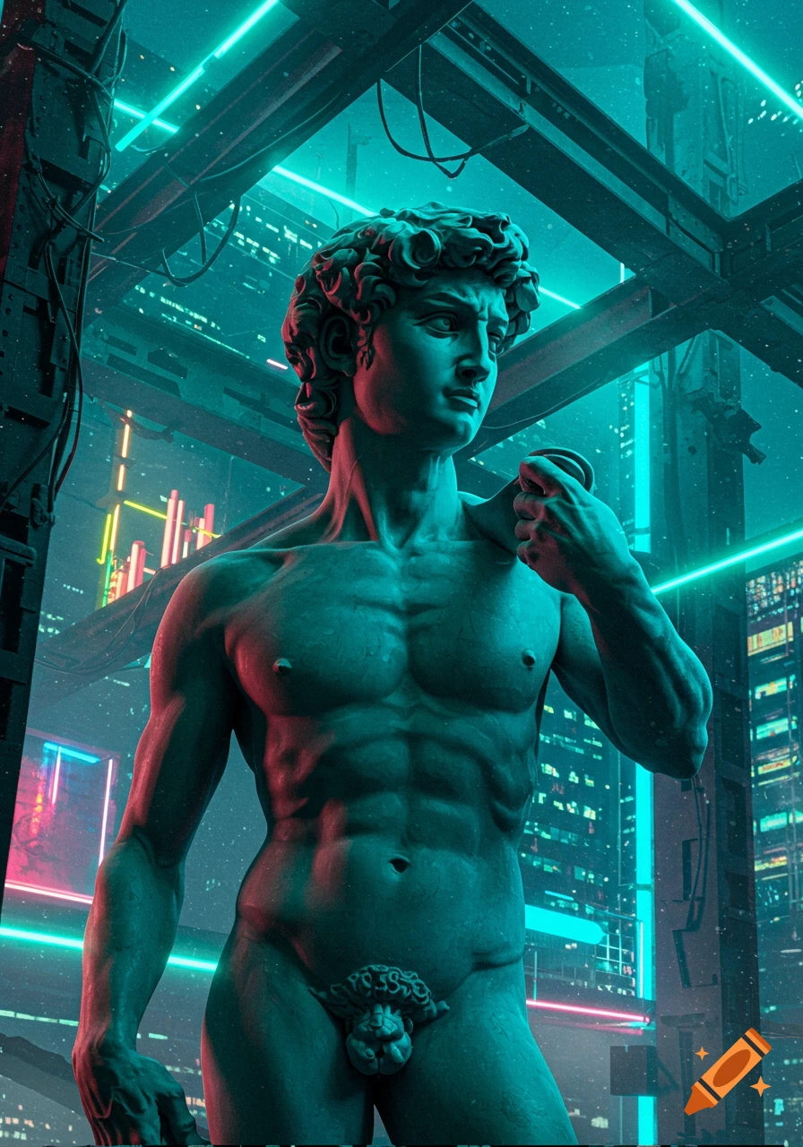 A teal-colored statue of David illuminated by neon pink and blue lights, set against a dark cyberpunk cityscape.