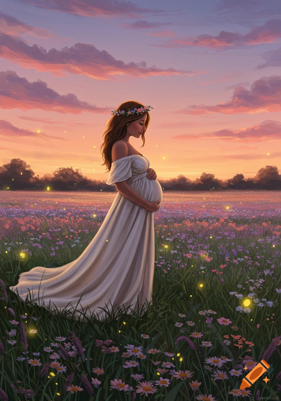 A digital painting of a pregnant woman wearing a white dress and flower crown, standing in a field of colorful flowers at sunset.