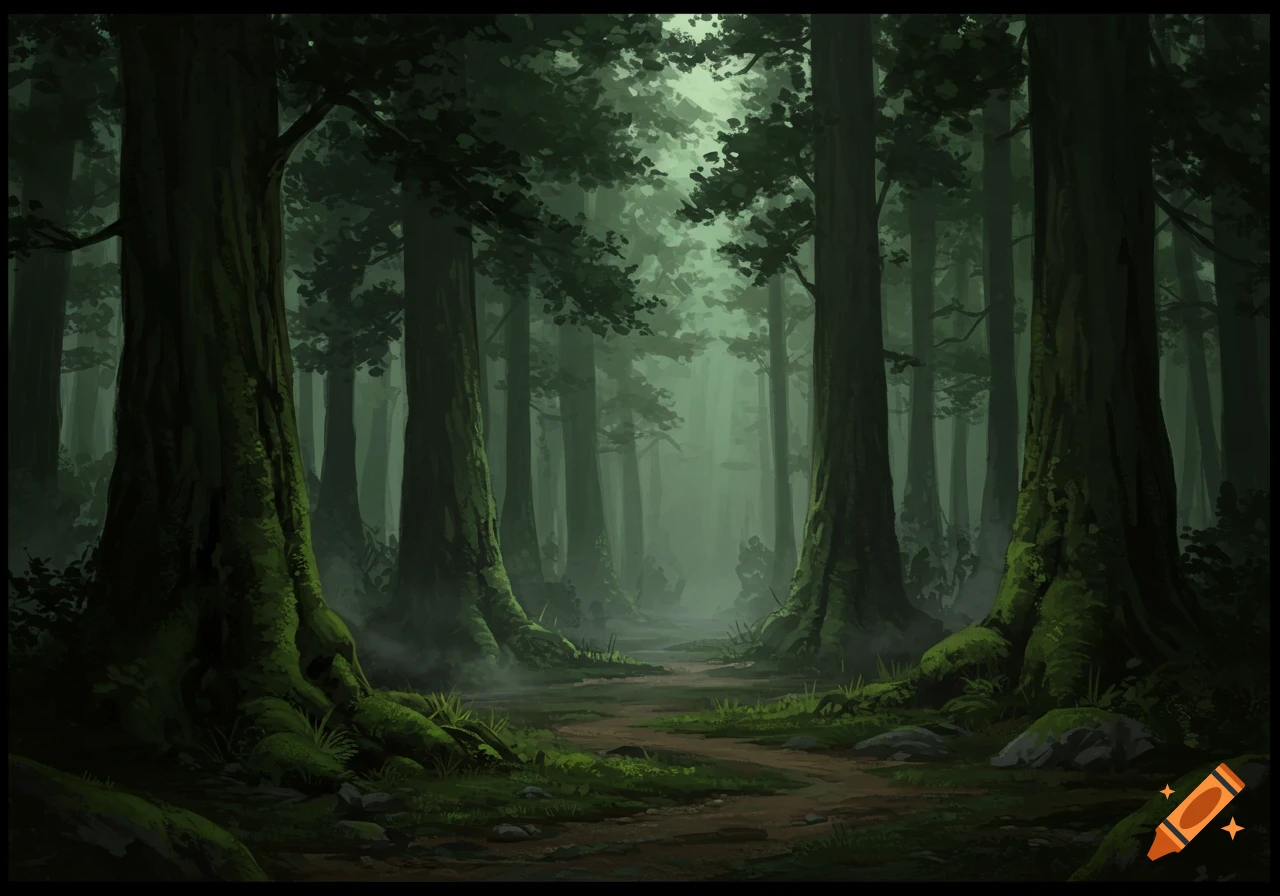 A dark, atmospheric forest path winds through tall, moss-covered trees, with a soft, ethereal light filtering through the misty canopy in the distance.