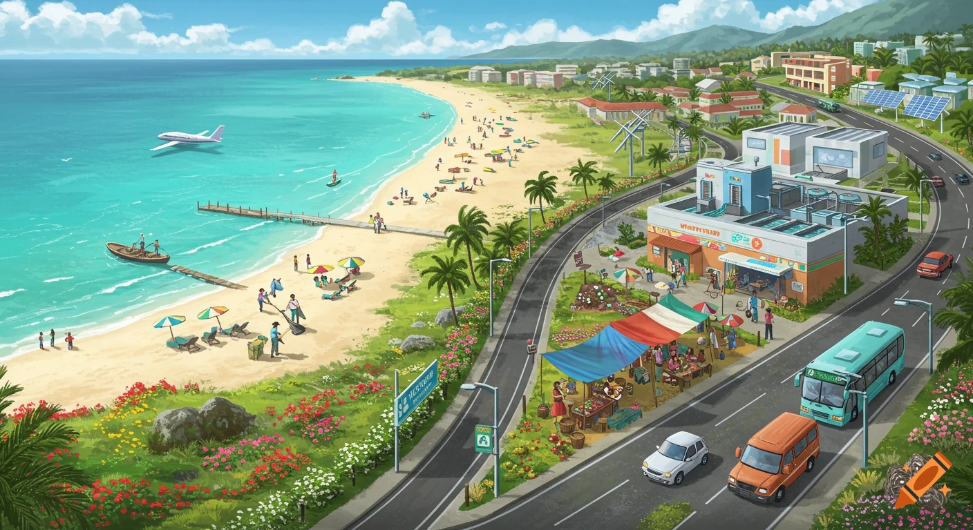 A vibrant cartoon illustration of a bustling coastal town with a sandy beach, turquoise ocean, a plane flying over, and a busy road with vehicles and shops.