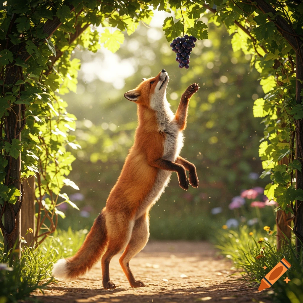 A hungry red fox stands on its hind legs under a leafy trellis, stretching upwards to reach a bunch of purple grapes, bathed in sunlight.