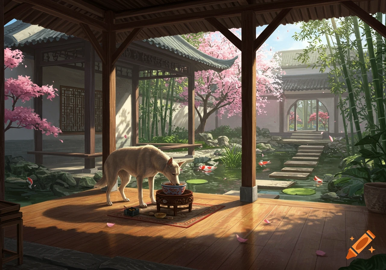 A light-colored dog drinks from a bowl on a wooden deck in a serene Chinese garden with cherry blossoms, bamboo, and a koi pond.