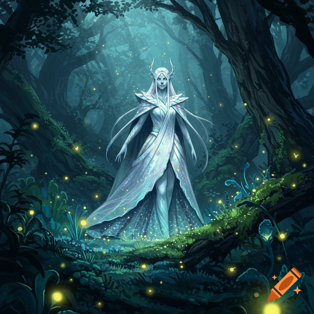 An ethereal elf in a glowing white gown stands in a dark, mystical forest with fireflies.