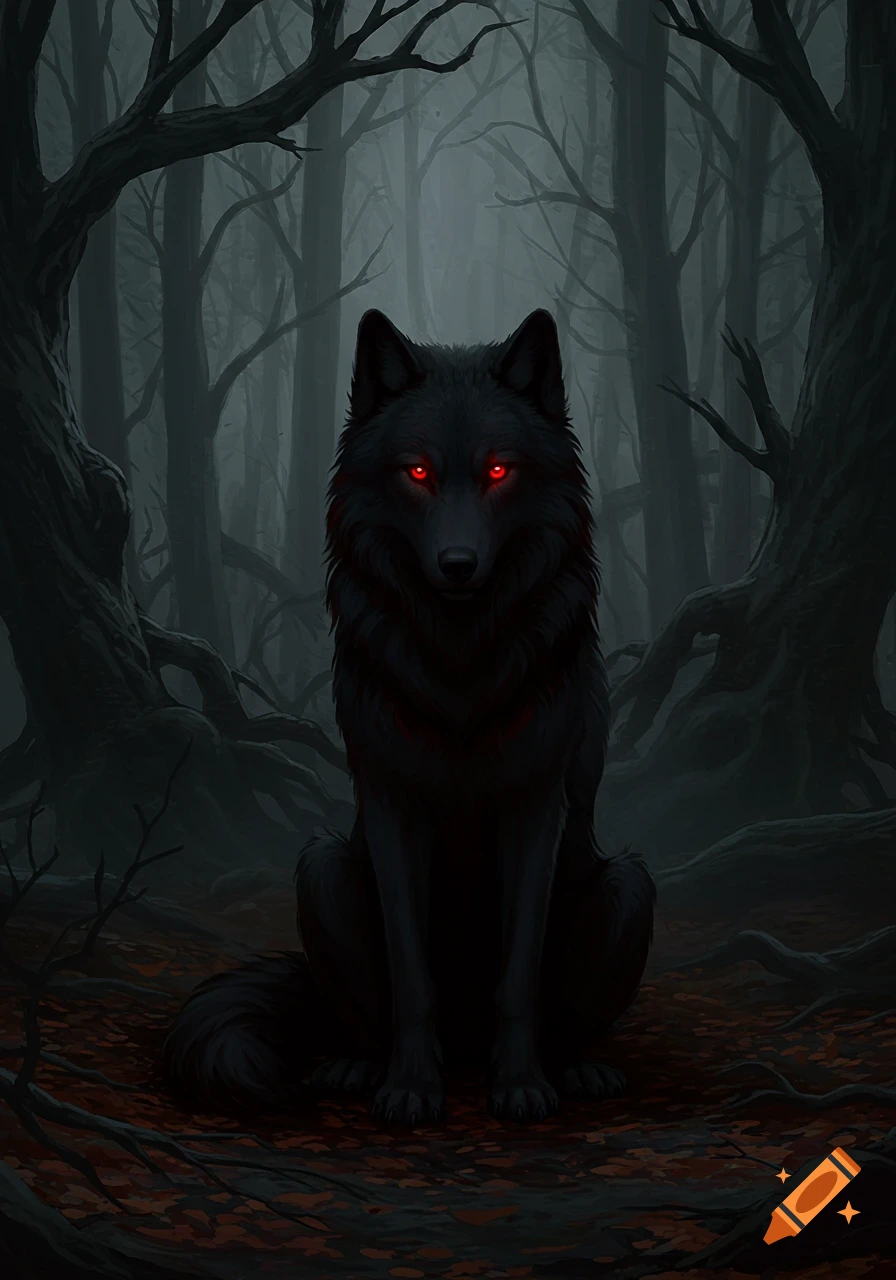 A black wolf with glowing red eyes sits intently in a dark, ominous forest, rendered in a dark fantasy art style.