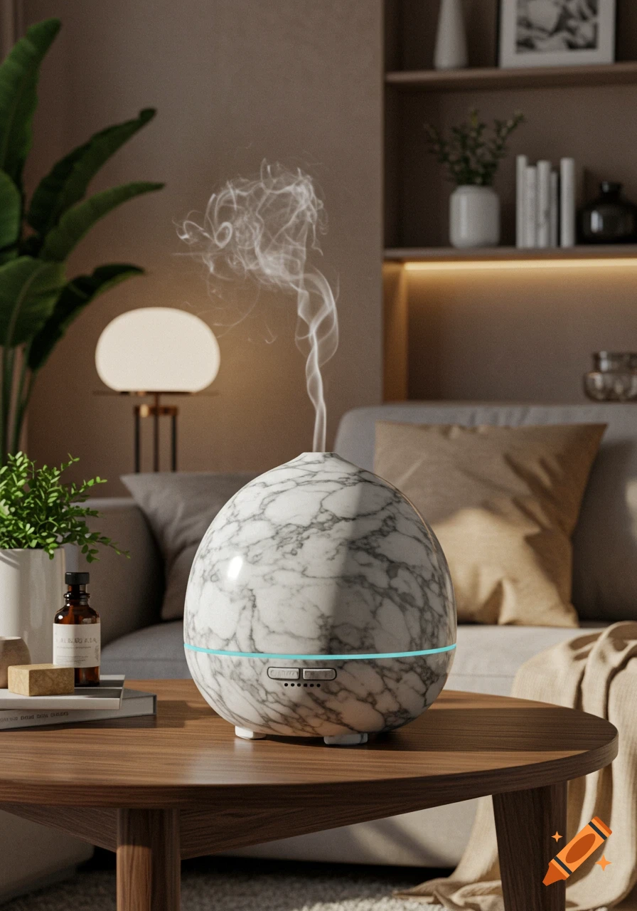 A white marble essential oil diffuser emits mist on a wooden coffee table in a modern living room, with a plant and oil bottle nearby.