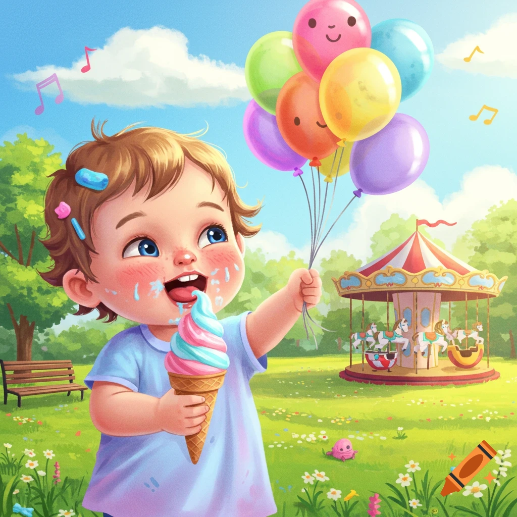 Happy baby with messy face eating a swirl ice cream cone, holding colorful balloons in a sunny park with a carousel. Cartoon style.
