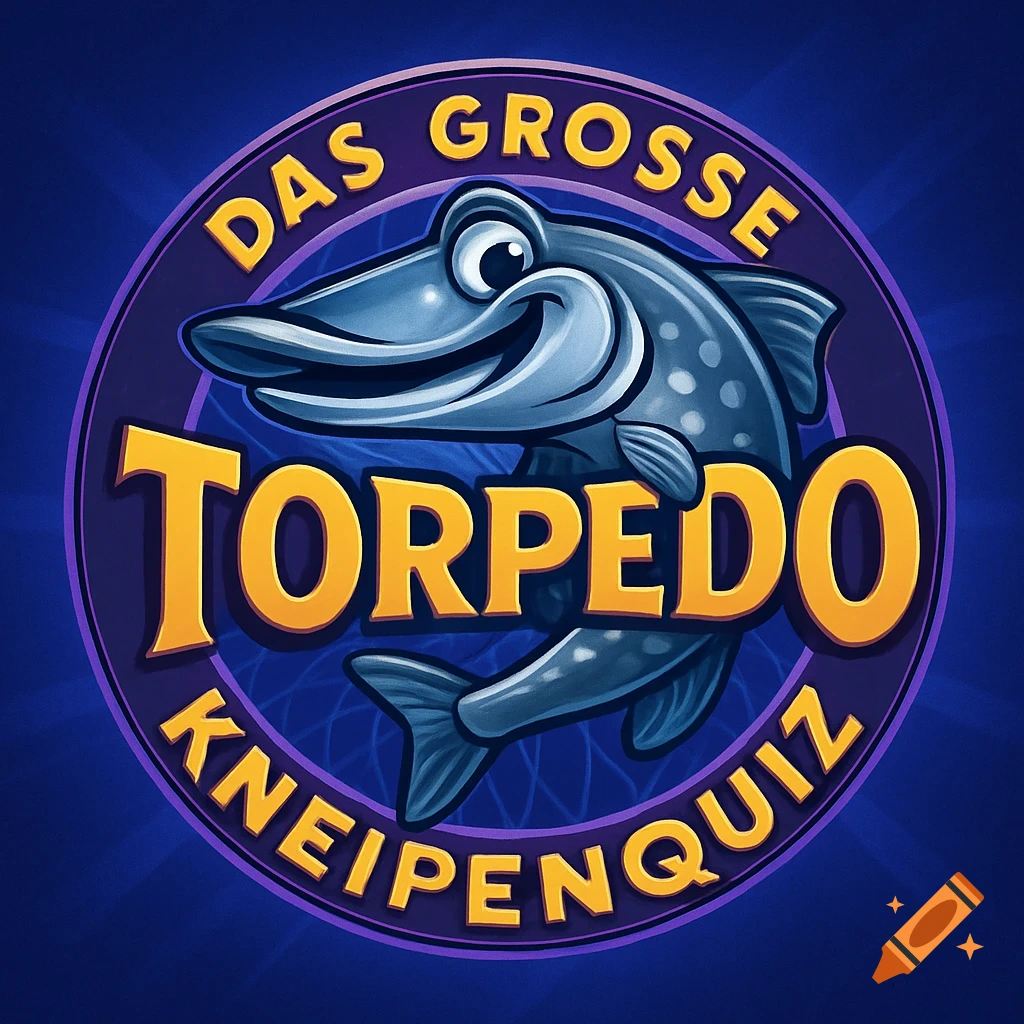 A cartoon-style logo for "Das grosse Torpedo Kneipenquiz" featuring a smiling blue pike fish on a purple circle.
