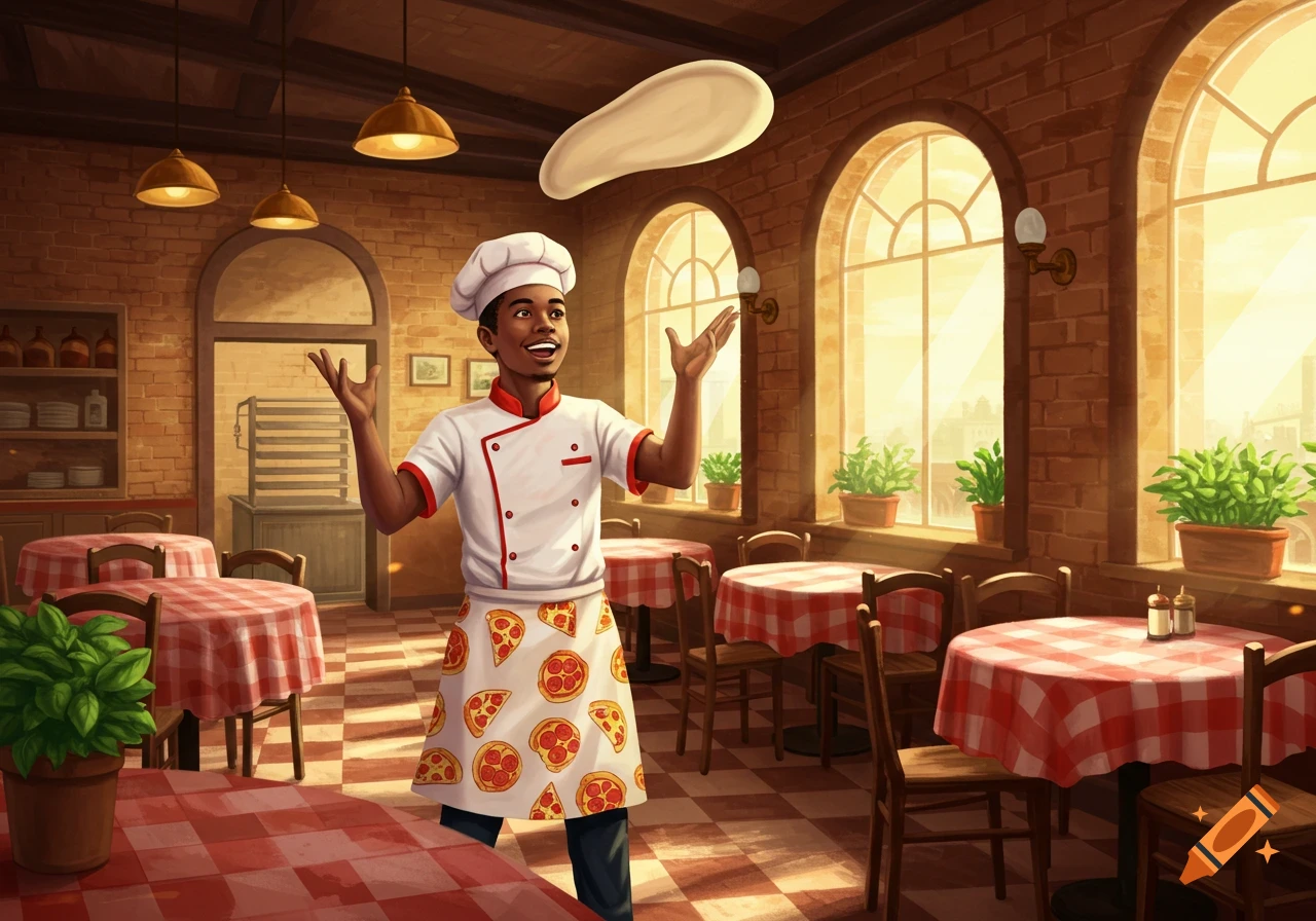 A smiling chef tosses pizza dough in a cozy brick-walled restaurant with checkered tablecloths and sunlit arched windows.
