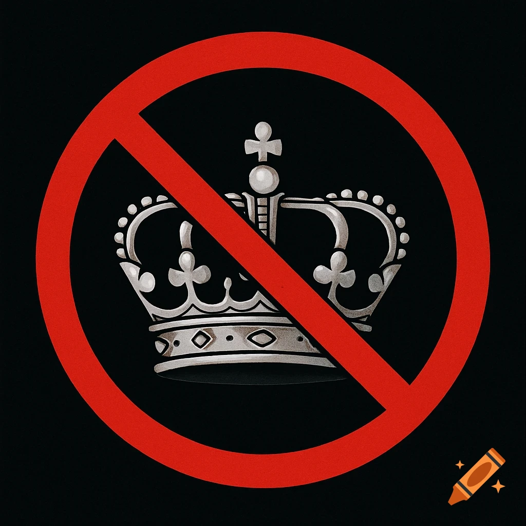 A silver crown within a red prohibition circle and diagonal line on a black background.