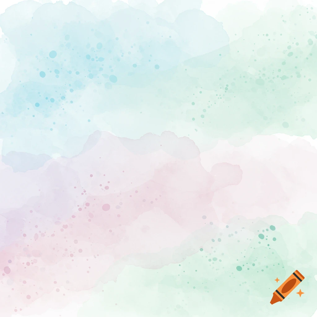 Soft watercolor background with blended patches of light blue, mint green, and pale pink, with scattered small splatters.
