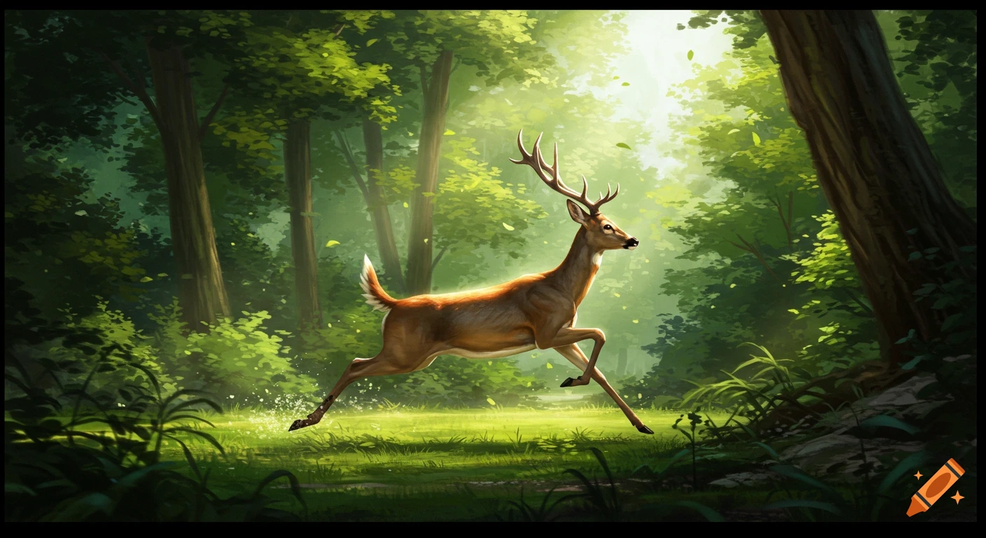 A graceful deer with antlers runs through a sunlit, lush green forest with motion blur, in a cinematic art style.