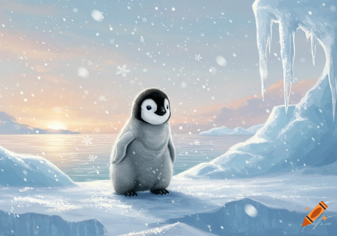 A cute baby penguin stands in a snowy, icy landscape with falling snowflakes and a sunset over the water, in an illustrated style.