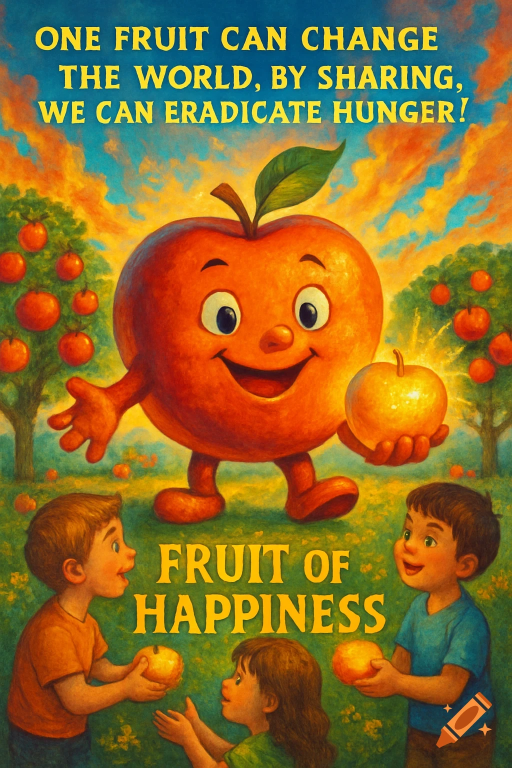 A cheerful, anthropomorphic apple character holds a golden fruit, offering it to two smiling children in a vibrant, illustrative style. Text reads "One fruit can change the world, by sharing, we can eradicate hunger!" and "Fruit of Happiness".