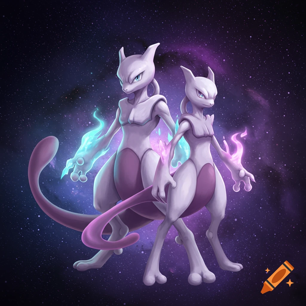 Two forms of Mewtwo, one with blue energy and one with pink energy, stand against a starry, purple nebula background.