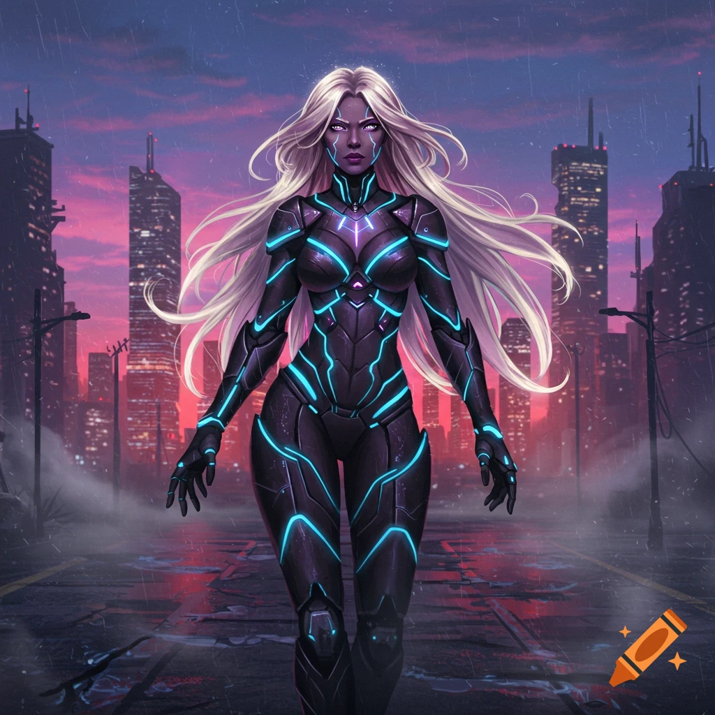 A futuristic anime woman with long white hair and purple skin in a black and glowing blue armored suit stands on a wet city street at sunset.