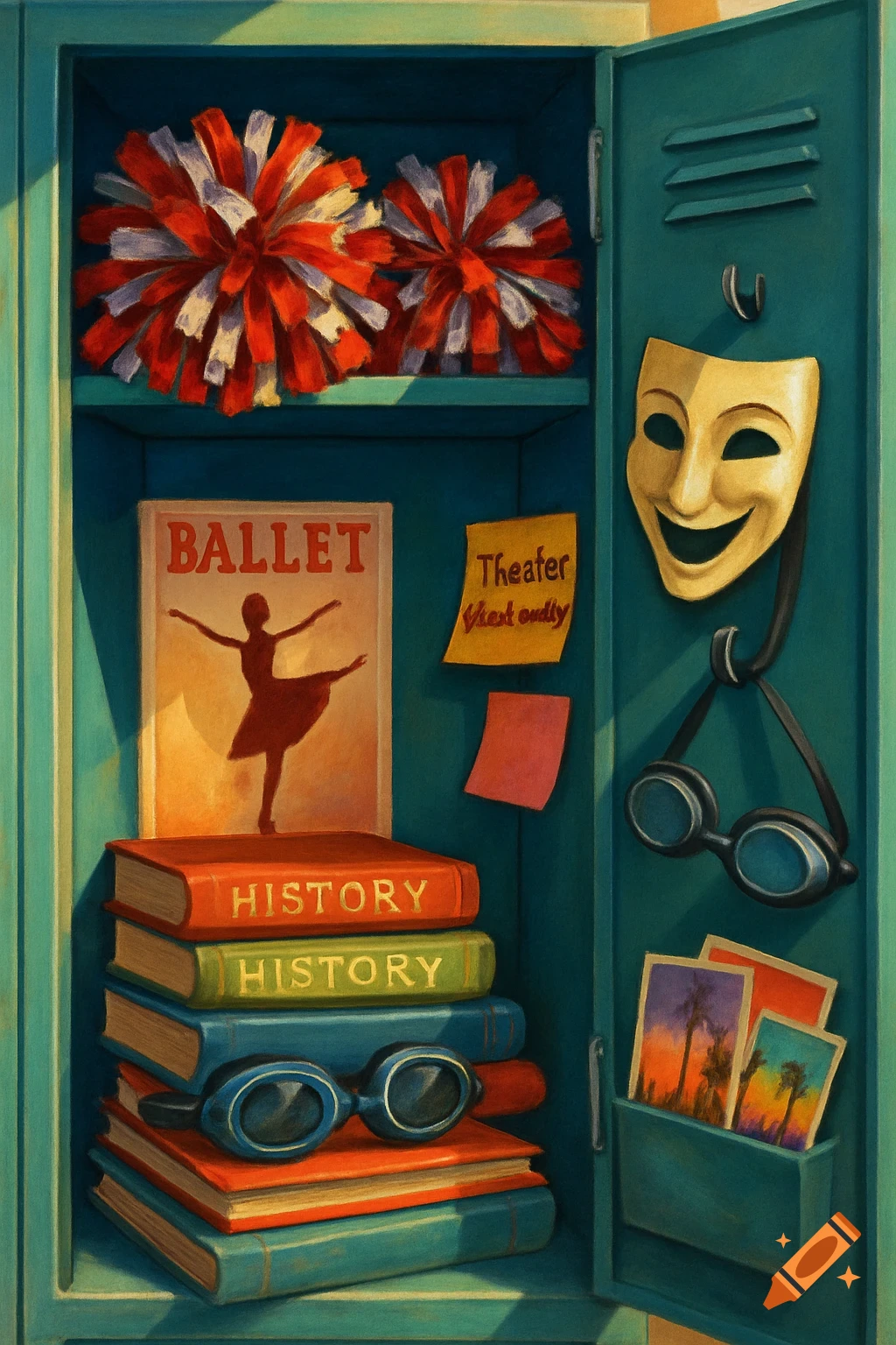 A stylized painting of an open teal locker filled with various school activity items: red and white cheerleading pom-poms, a ballet poster, a stack of history books, swimming goggles, a smiling theater mask, and postcards.
