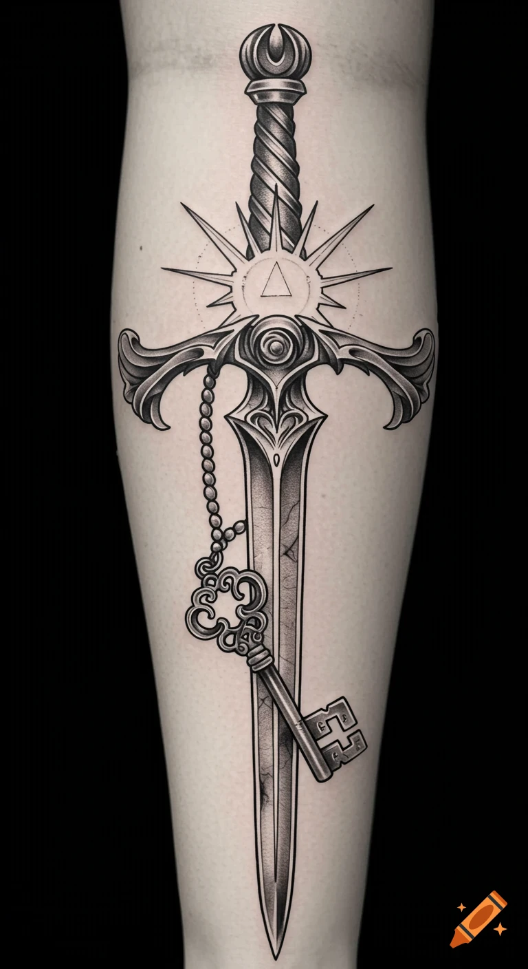 Detailed black-and-gray tattoo design of a fantasy sword with a sun symbol and an ornate vintage key, depicted on skin.