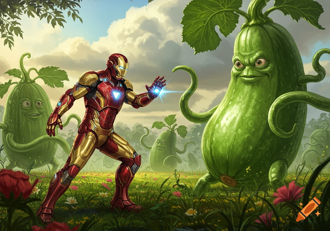 Iron Man battles a large, grumpy green zucchini and smaller happy zucchinis in a vibrant grassy field.