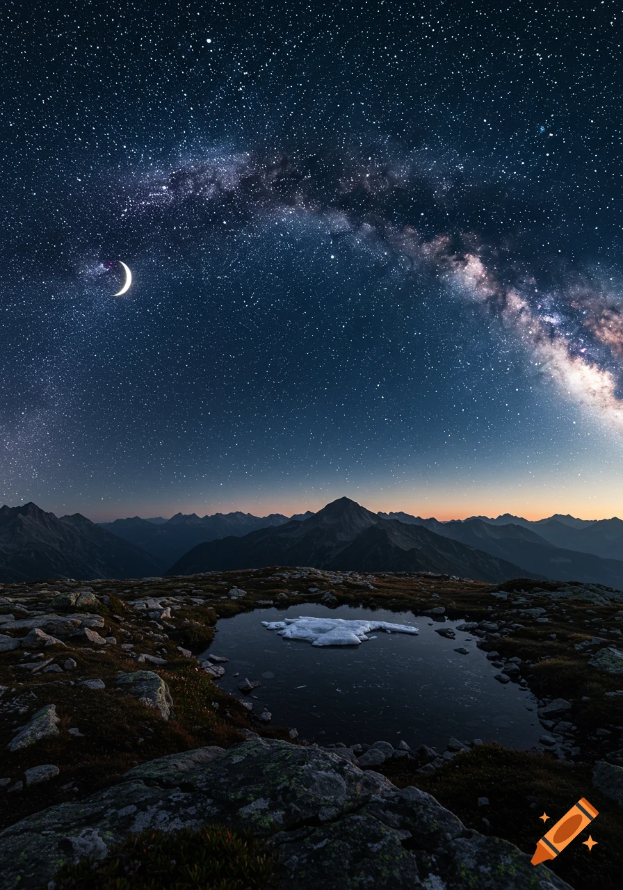 A starry night sky with the Milky Way and crescent moon above dark mountains, reflected in a small icy pond on a rocky landscape.