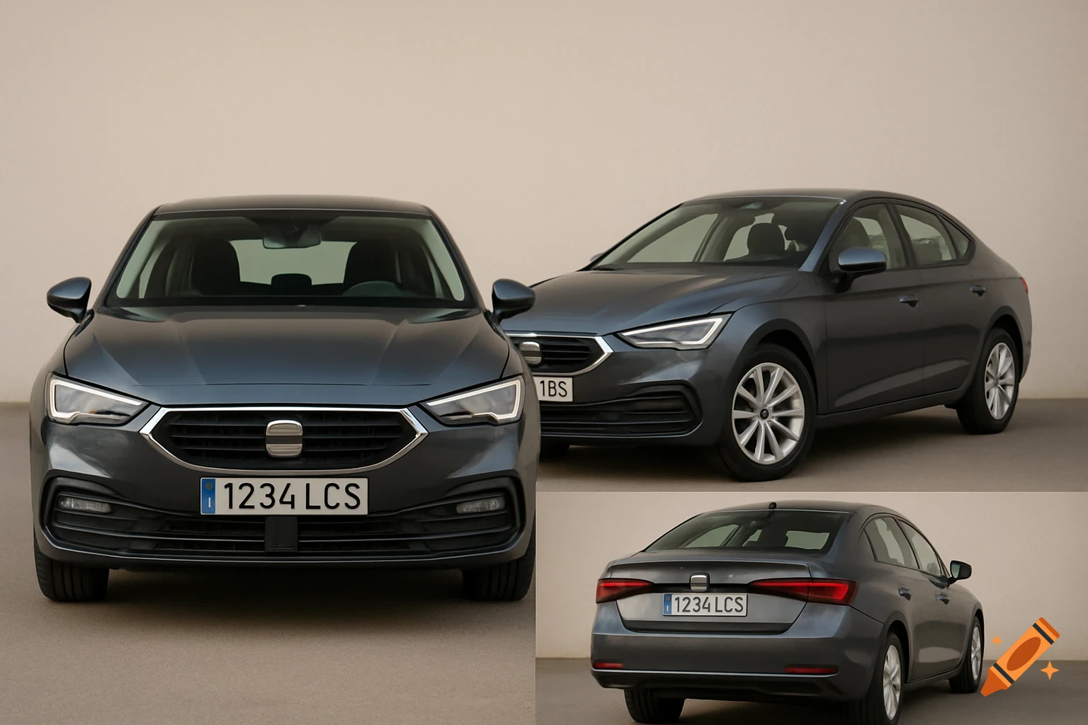 Three angles of a dark gray modern sedan car with Spanish license plates against a plain background.