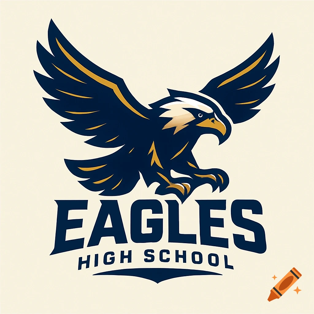 A blue and gold eagle logo with outstretched wings, above the text 'EAGLES HIGH SCHOOL' on a cream background.