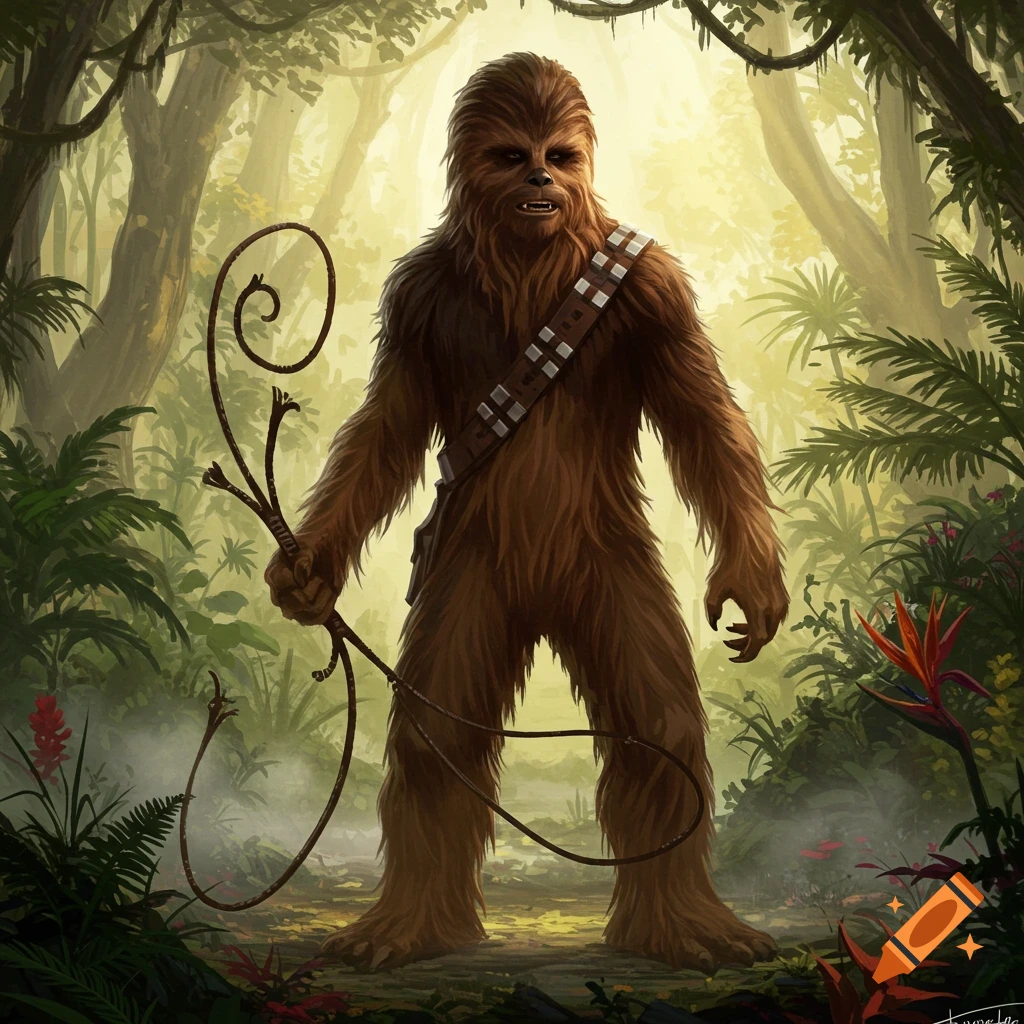An illustrated Wookie (Chewbacca) holding a whip, standing in a lush, sunlit jungle.