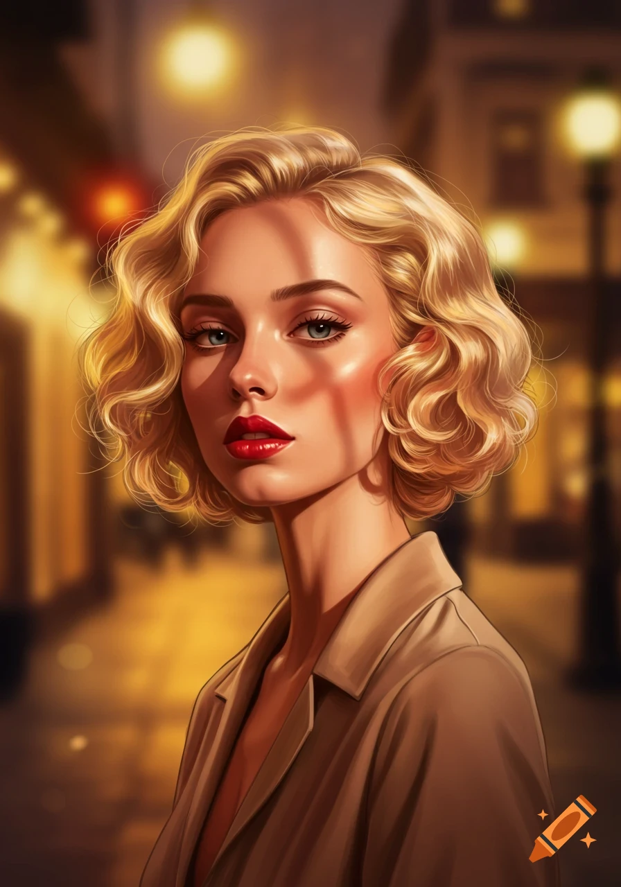 A digital art portrait of a blonde woman with short curly hair and red lips, in a trench coat, bathed in warm streetlights.