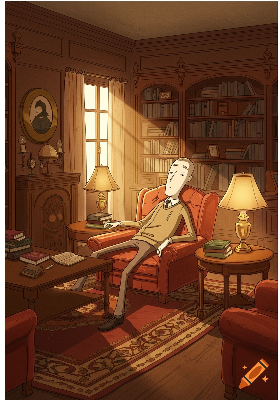 A cartoon man in a sweater and slacks relaxes in an armchair in a sunlit, wood-paneled study with bookshelves and a fireplace.