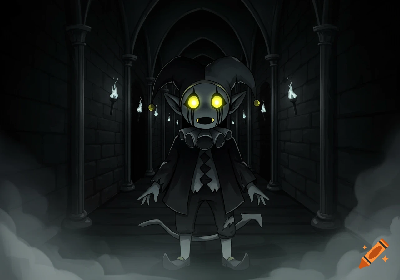 Cartoon of a black and white Jevil from Deltarune with glowing yellow eyes, looking traumatized in a dark castle hall with torches.