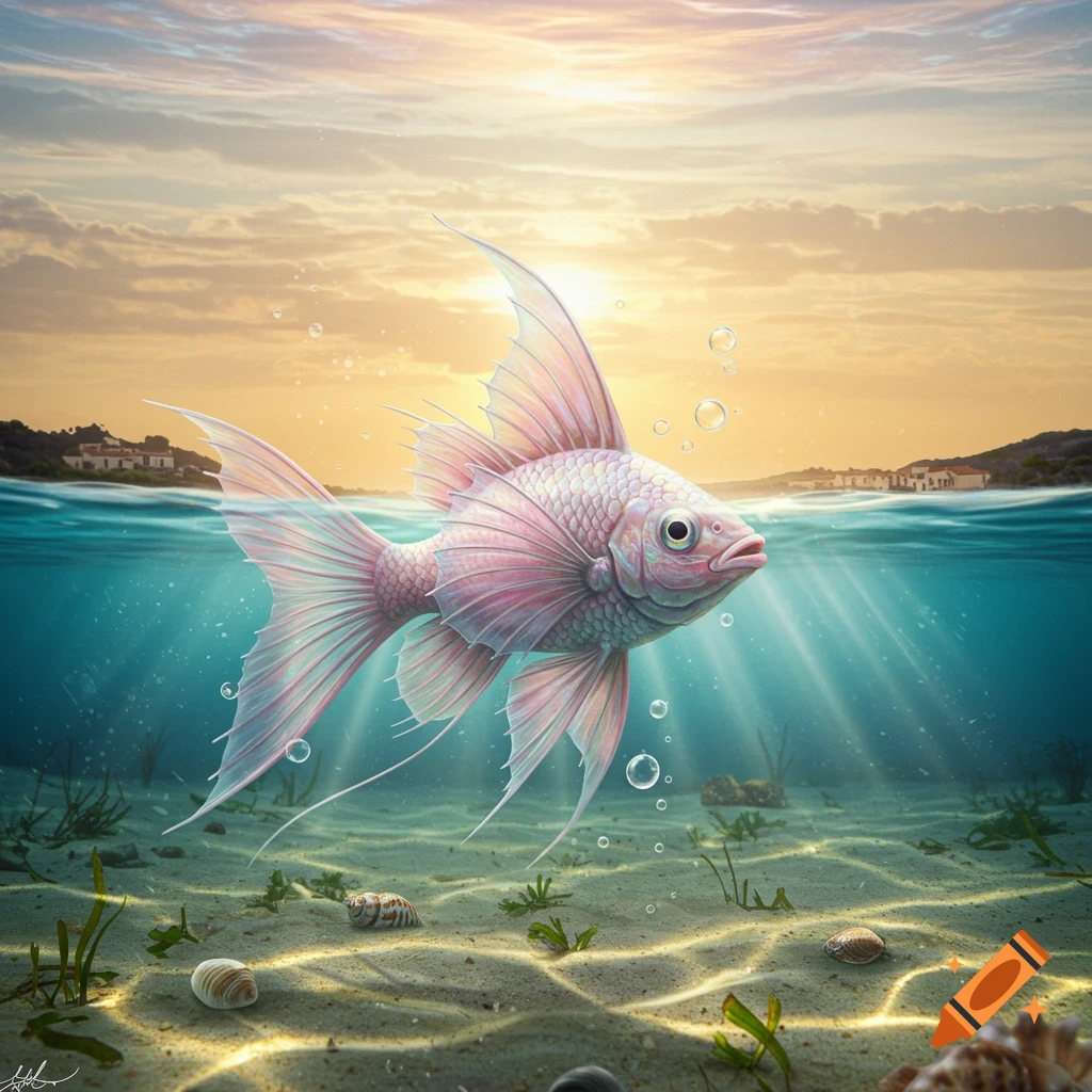 A vibrant pink imaginary fish swims gracefully underwater with sunbeams, shells, and sea plants on the sandy bottom, beneath a golden sunset sky with a distant coastline.