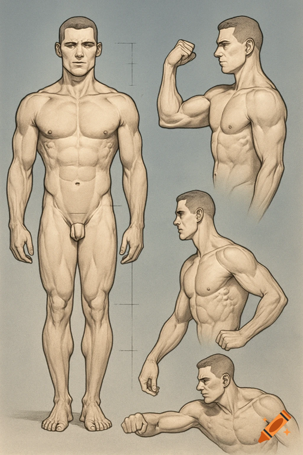 Detailed anatomical sketches of a muscular male figure in various poses on a grey background.
