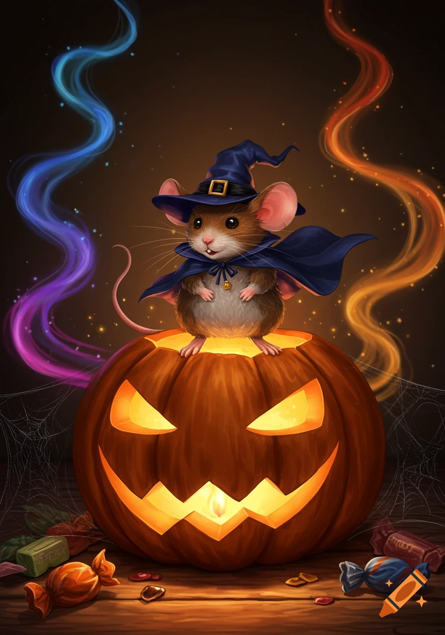 A cute mouse in a witch hat and cape sits atop a glowing jack-o'-lantern, surrounded by candy and magical wisps.