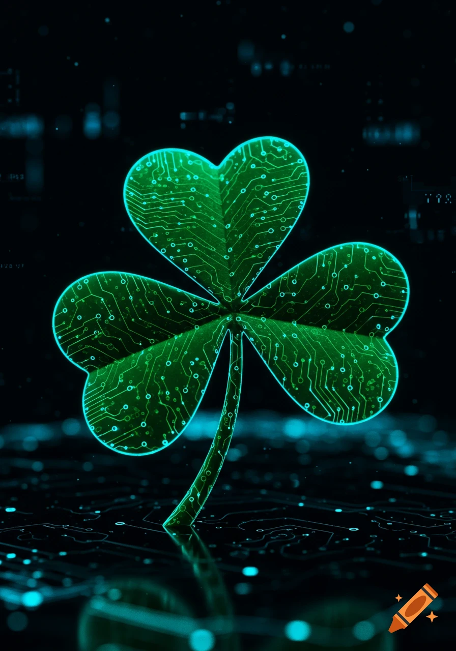 A glowing green shamrock with intricate circuit board patterns stands against a dark, blurry background with blue digital lights.