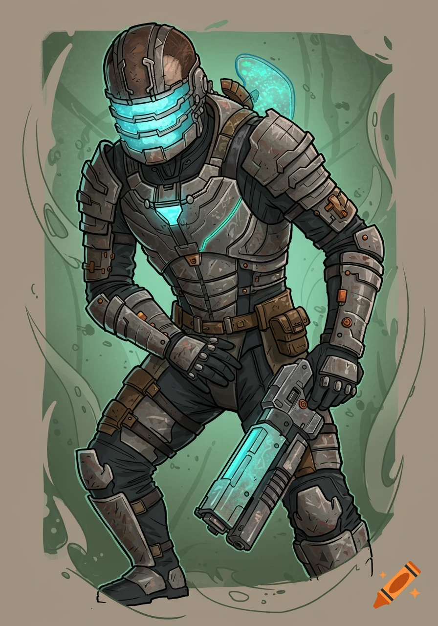 Cartoon illustration of Isaac Clarke from Dead Space in his armored suit, holding a glowing weapon, against a green, tentacled background.