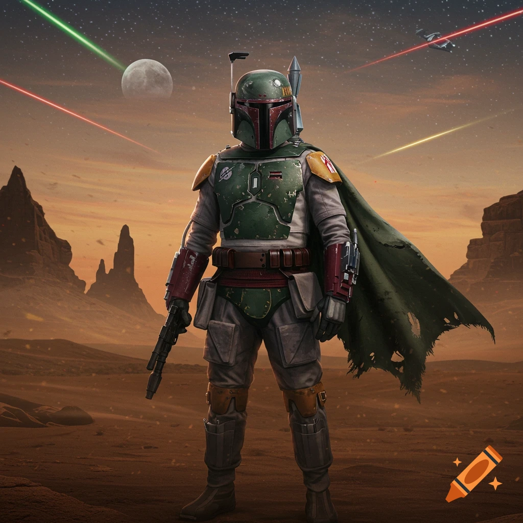 Boba Fett stands in a desert, holding a rifle, under a starry sky with a moon and laser blasts.
