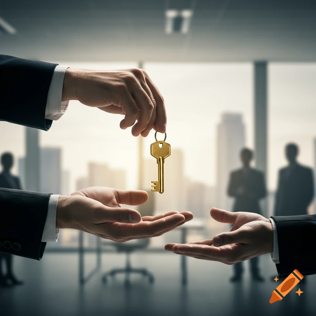 Close-up of a hand passing a golden key to another hand in a blurred office background, symbolizing transfer of responsibility.