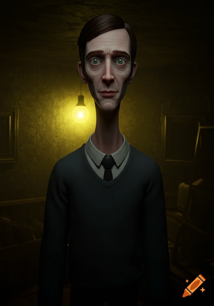 A stylized, gaunt man with green eyes and dark hair, wearing a sweater and tie, stands in a dimly lit, distorted room with a bare lightbulb.