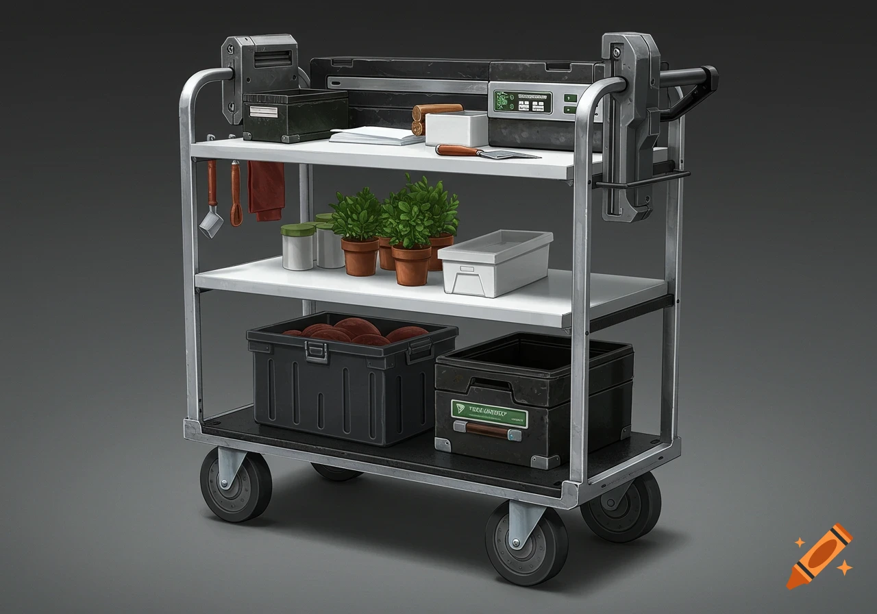 A front-facing view of a three-tiered metallic utility cart. The shelves hold various items like potted plants, containers, tools, and a device with a screen, rendered in a detailed, illustrative style.