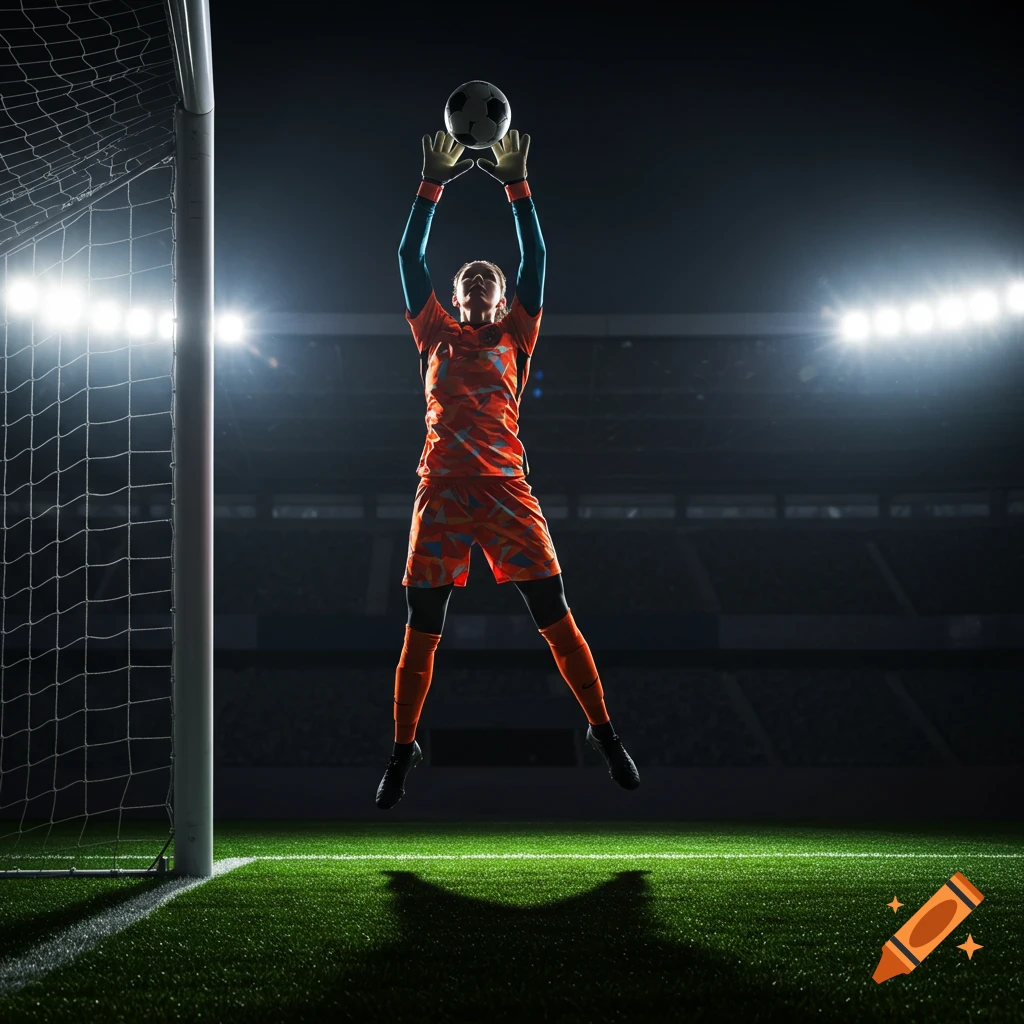 Photorealistic image of a female soccer goalkeeper jumping to catch a ball in front of the goal in a stadium at night.