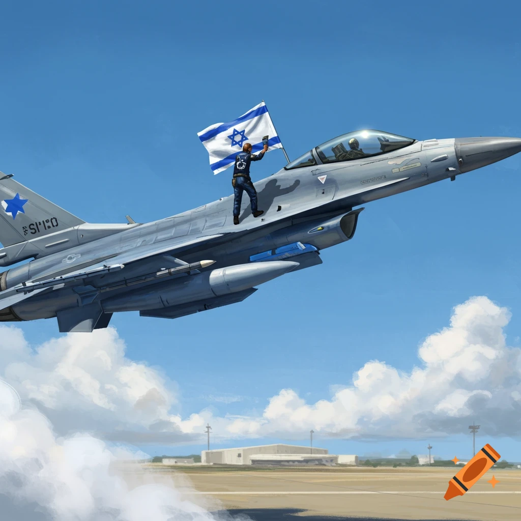 A man stands on a gray fighter jet holding an Israeli flag as it takes off from an airfield under a blue sky, digital art.