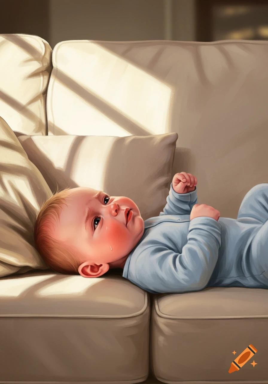 A crying baby wearing a blue onesie lies on its back on a light-colored sofa, bathed in sunlight.