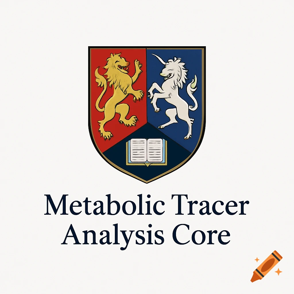 A professional logo featuring a heraldic crest with a golden lion, a white unicorn, and an open book, above the text "Metabolic Tracer Analysis Core".